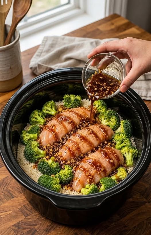 Slow Cooker Honey Garlic Chicken with Rice and Broccoli