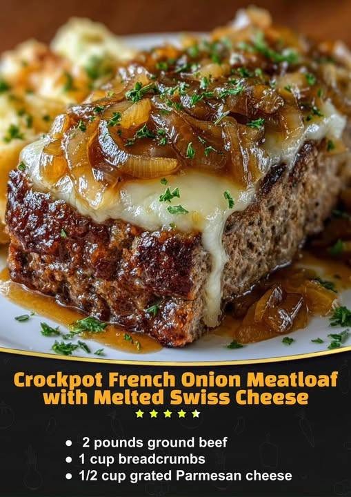 Crockpot French Onion Meatloaf with Melted Swiss Cheese